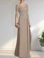 A-Linien-Kleid mit U-Boot-Ausschnitt, Illusion-Effekt, bodenlang, aus Chiffon und Spitze, mit Perlen, Pailletten und kaskadenartigen Rüschen – perfekt für die Mutter der Braut.