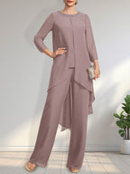 Zweiteiliger Jumpsuit/Hosenanzug, bodenlanges Chiffonkleid für die Mutter der Braut mit Paillettenbesatz und Rundhalsausschnitt.