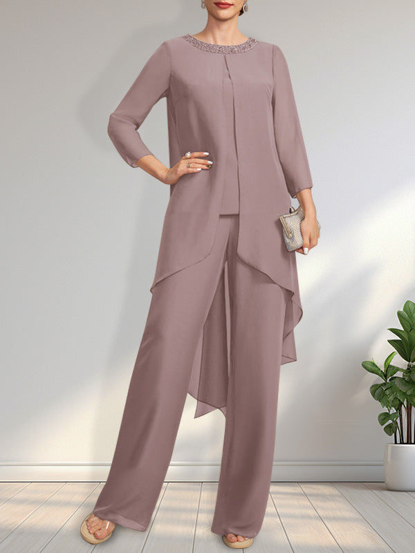Vestido de gasa para madre de la novia, con escote redondo y largo hasta el suelo, con lentejuelas y abalorios, estilo mono/pantalón.