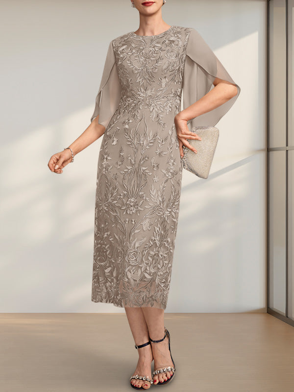 Etuikleid/Säulenkleid mit Rundhalsausschnitt, Teelänge, aus Spitze und Chiffon, ideal für die Mutter der Braut