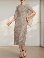 Etuikleid/Säulenkleid mit Rundhalsausschnitt, Teelänge, aus Spitze und Chiffon, ideal für die Mutter der Braut