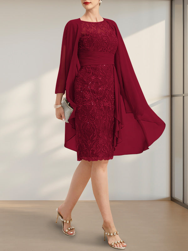 Etuikleid/Säulenkleid mit Illusion-Ausschnitt, knielang, aus Chiffon mit Spitze, Kaskadenrüschen und Pailletten für die Mutter der Braut