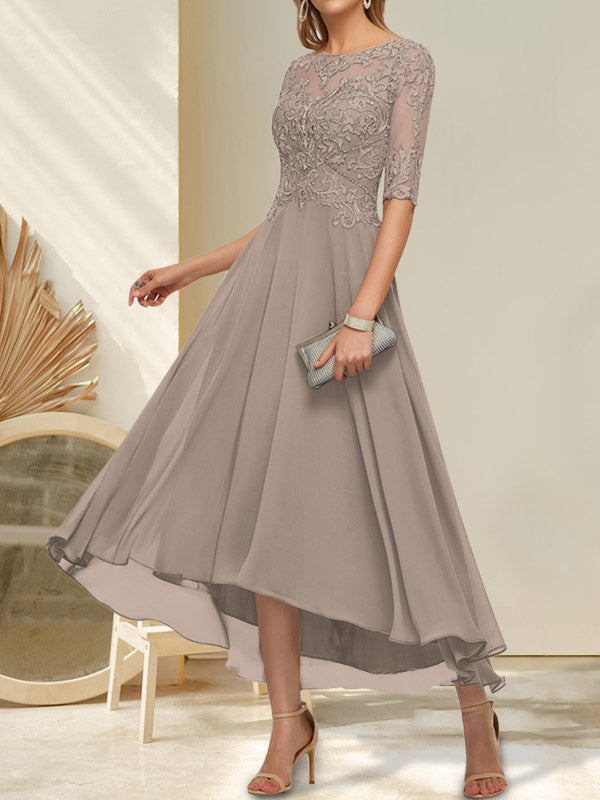 A-Linien-Kleid mit U-Boot-Ausschnitt, Illusion-Effekt, asymmetrischem Chiffon-Spitzenbesatz und Paillettenstickerei für die Mutter der Braut.