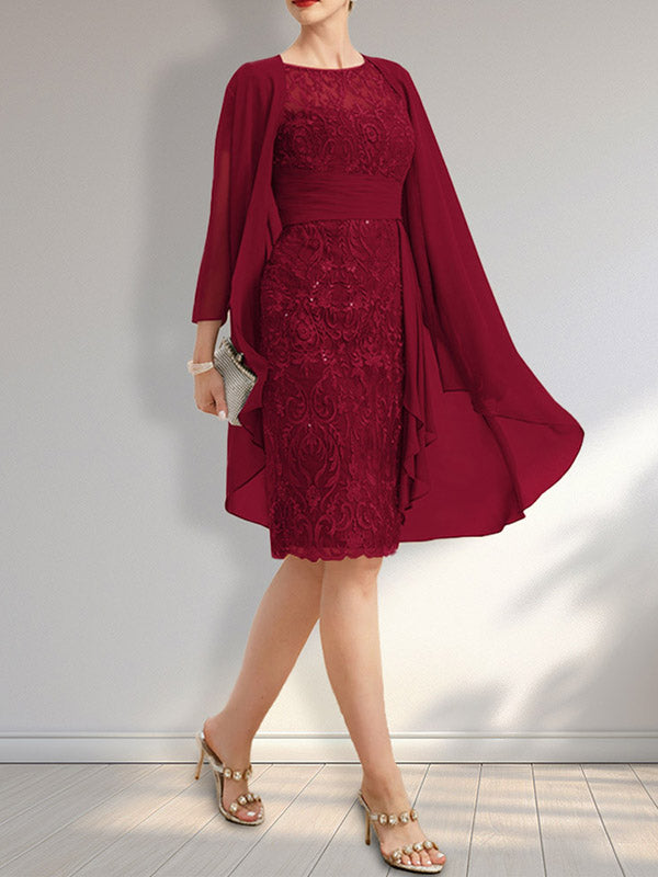 Etuikleid mit Rundhalsausschnitt, Illusion-Effekt, knielang, aus Chiffon mit Spitze, Rüschen und Pailletten – ideal für die Mutter der Braut
