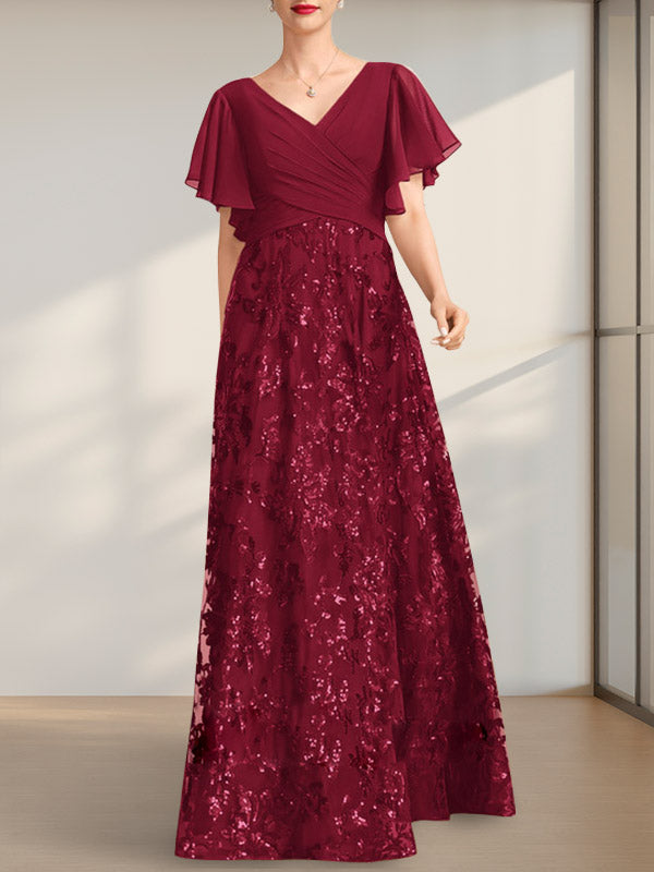 Vestido de madre de la novia de gasa con lentejuelas, encaje, escote en V y largo hasta el suelo, con pliegues
