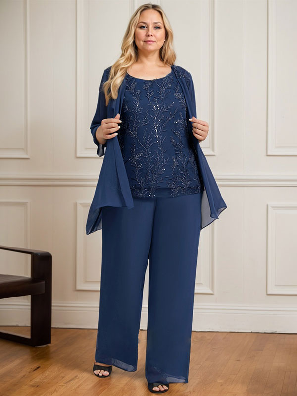 Zweiteiliger Jumpsuit/Hosenanzug, bodenlanges Chiffon-Kleid mit Spitze und Pailletten für die Mutter der Braut