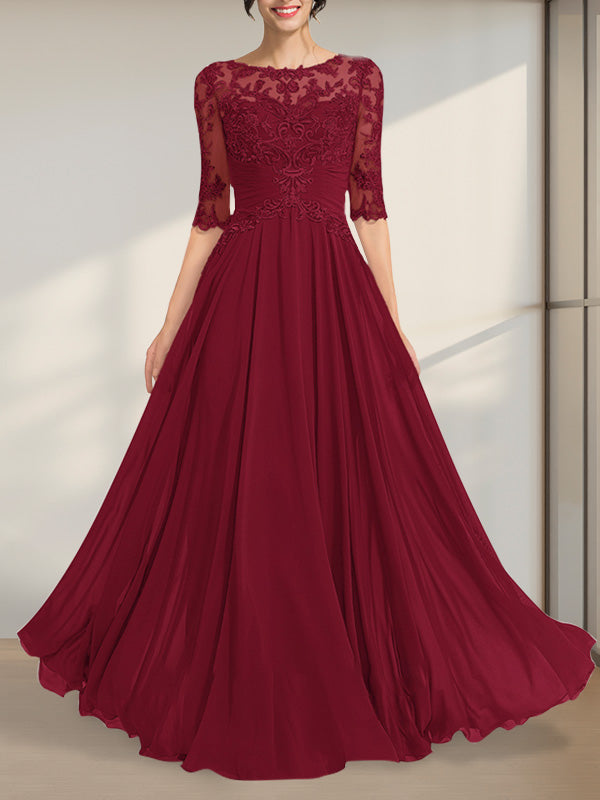A-Linien-Kleid mit Illusion-Ausschnitt, bodenlang, aus Chiffon und Spitze, mit plissierten Pailletten und V-Ausschnitt für die Mutter der Braut