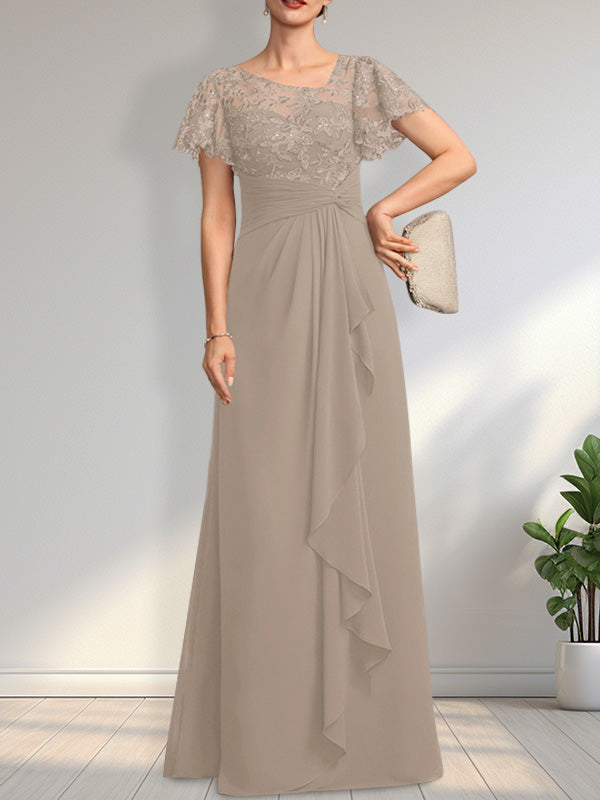 A-Linien-Kleid aus asymmetrischem Chiffon mit Illusion-Effekt, bodenlang, mit Kaskadenrüschen und Pailletten für die Mutter der Braut 