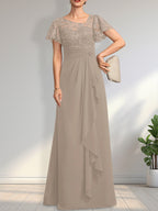 A-Linien-Kleid aus asymmetrischem Chiffon mit Illusion-Effekt, bodenlang, mit Kaskadenrüschen und Pailletten für die Mutter der Braut 
