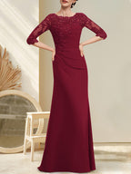 A-Linien-Kleid aus Chiffon und Spitze in Bodenlänge für die Mutter der Braut mit Perlenstickerei, Falten und Pailletten