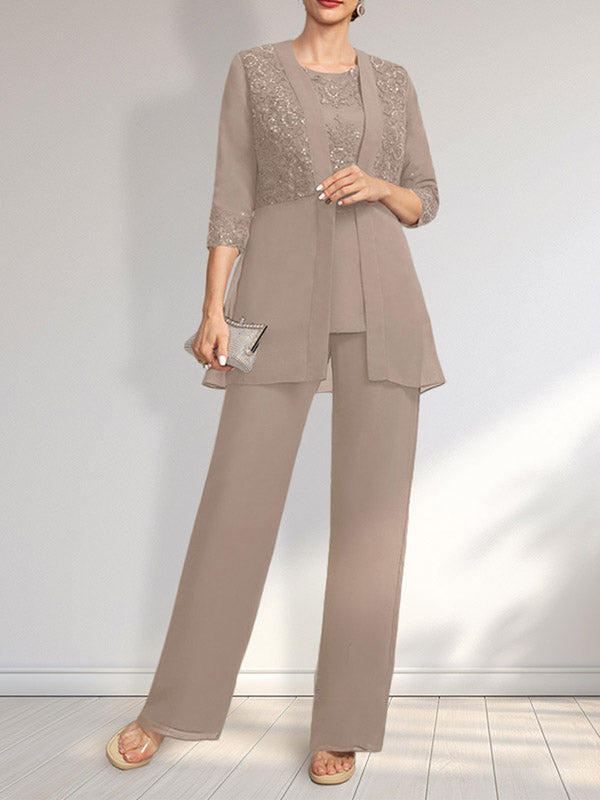 Jumpsuit/Hosenanzug-Set, bodenlanges Chiffon-Spitzenkleid mit Pailletten für die Mutter der Braut mit Rundhalsausschnitt