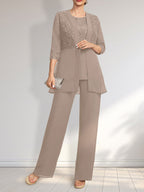 Jumpsuit/Hosenanzug-Set, bodenlanges Chiffon-Spitzenkleid mit Pailletten für die Mutter der Braut mit Rundhalsausschnitt