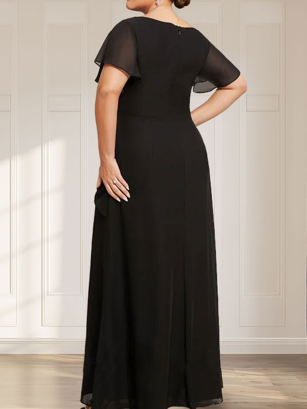 A-Linien-Chiffonkleid mit Rundhalsausschnitt, knöchellang, mit Perlenstickerei und Falten für die Mutter der Braut