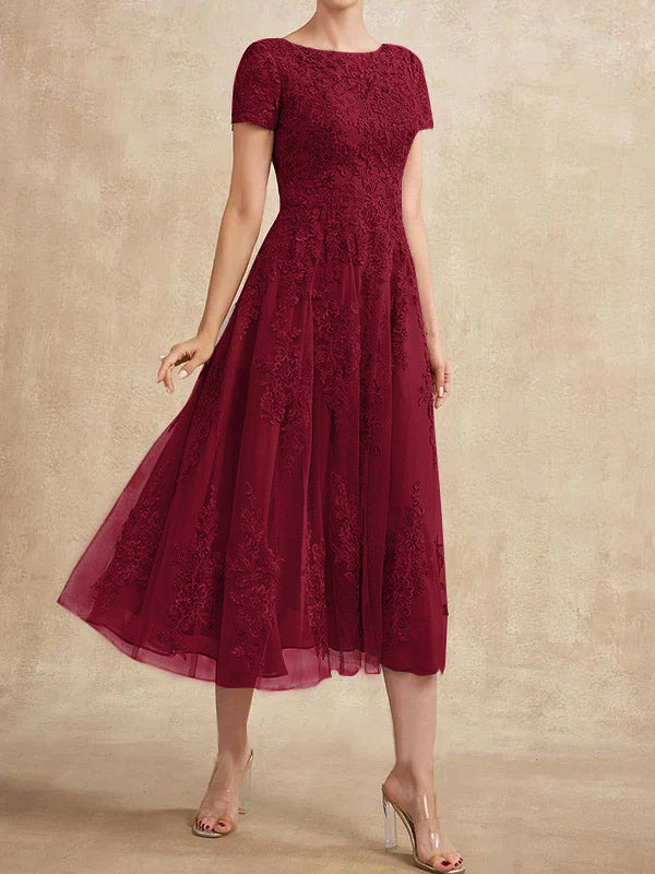 A-Linien-Kleid aus Tüllspitze mit Rundhalsausschnitt und Teelänge für die Mutter der Braut 