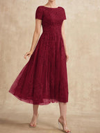 A-Linien-Kleid aus Tüllspitze mit Rundhalsausschnitt und Teelänge für die Mutter der Braut 