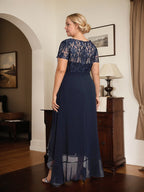 A-Linien-Kleid mit asymmetrischem Chiffon-Spitzenausschnitt, Schleife, Rüschen und Pailletten für die Mutter der Braut 