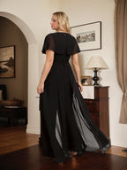 Jumpsuit/Hosenanzug, bodenlanges Chiffon-Abendkleid mit V-Ausschnitt