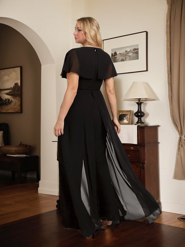 Jumpsuit/Hosenanzug, bodenlanges Chiffon-Abendkleid mit V-Ausschnitt
