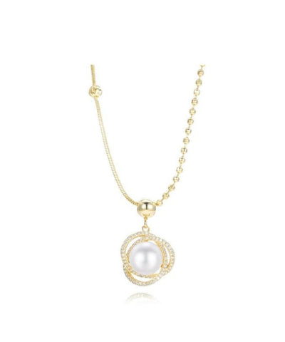 Collar con colgante de perla y circonitas doradas de plata esterlina a la moda 