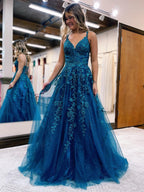 Vestido de fiesta de tul con encaje y purpurina azul tinta de corte A