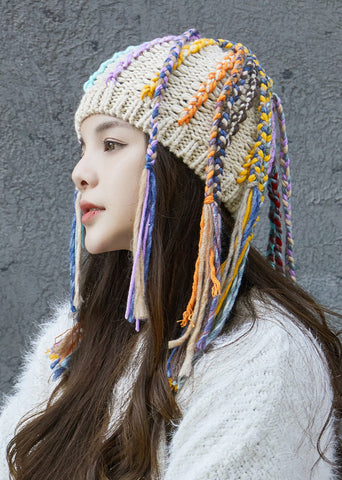 Peluca de trenza sucia beige estilo hip hop de una pieza, gorro Bonnie tejido a mano 