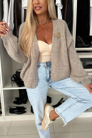 Explore Autumn Knit Open Front Long Balloon Sleeve Loose Cardigan