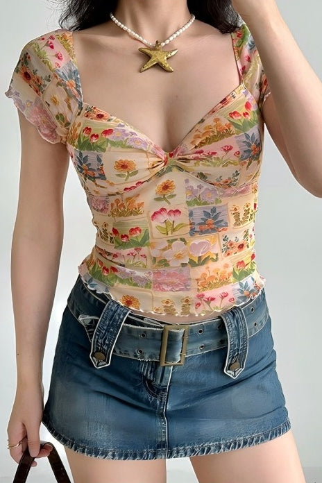 Floral Mesh Slim V Neck Tube Blouse