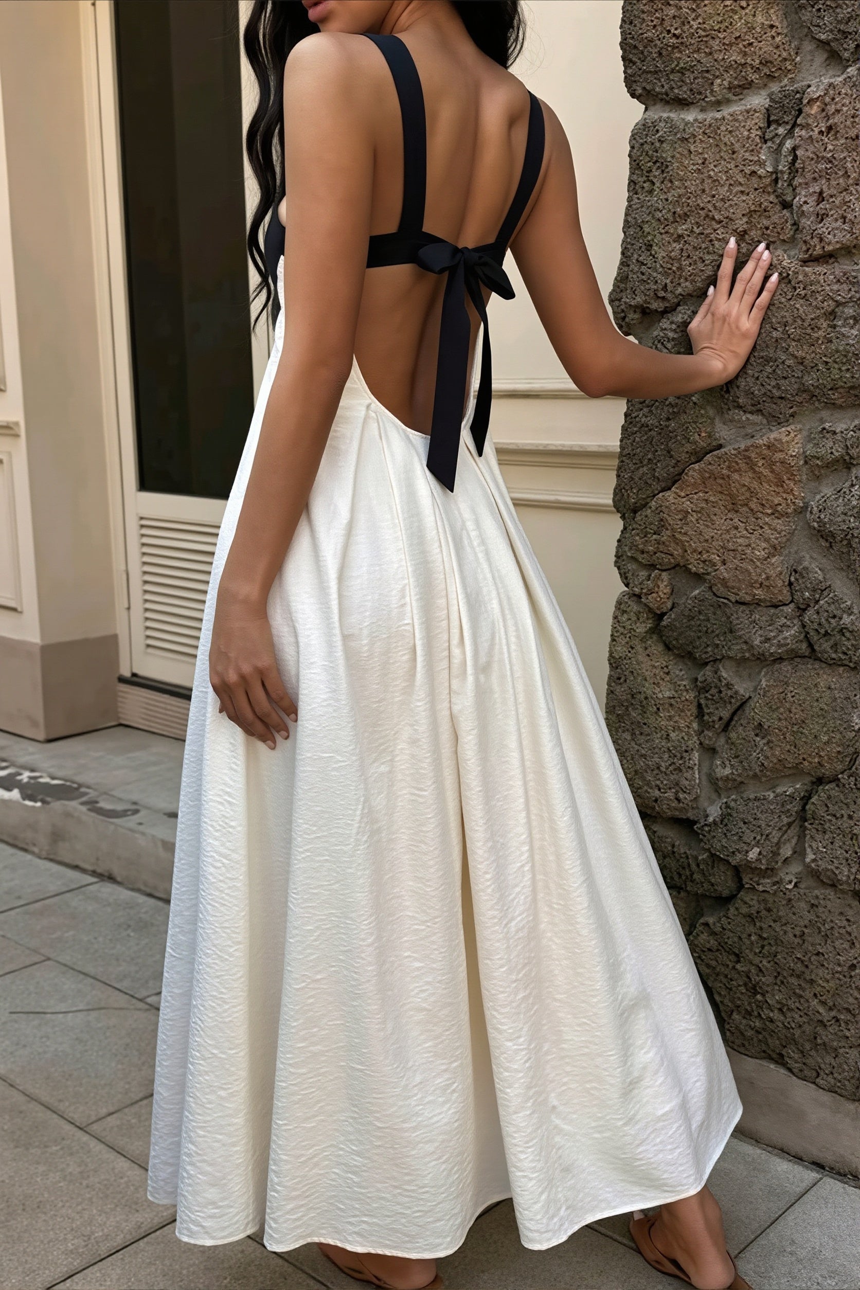 Elegant Color Block Backless Maxi Dress