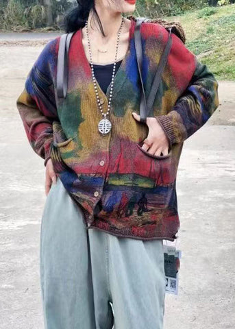 Cárdigan de punto con bolsillos y estampado de cuello en V verde bohemio de manga larga 