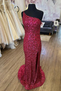 Meerjungfrauen-Abendkleid aus burgunderrotem Paillettenkleid mit One-Shoulder-Verschluss und Schlitz vorne