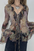 Tie Dye Mesh Ruffle Flare Sleeve Blouse
