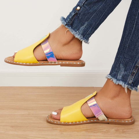 Bunte, offene Zehenpartie zum Hineinschlüpfen, flache Hausschuhe, Slide-Sandalen 