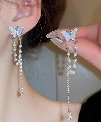 Pendientes colgantes con borlas de mariposa, perlas y circonitas de aleación de seda fina 