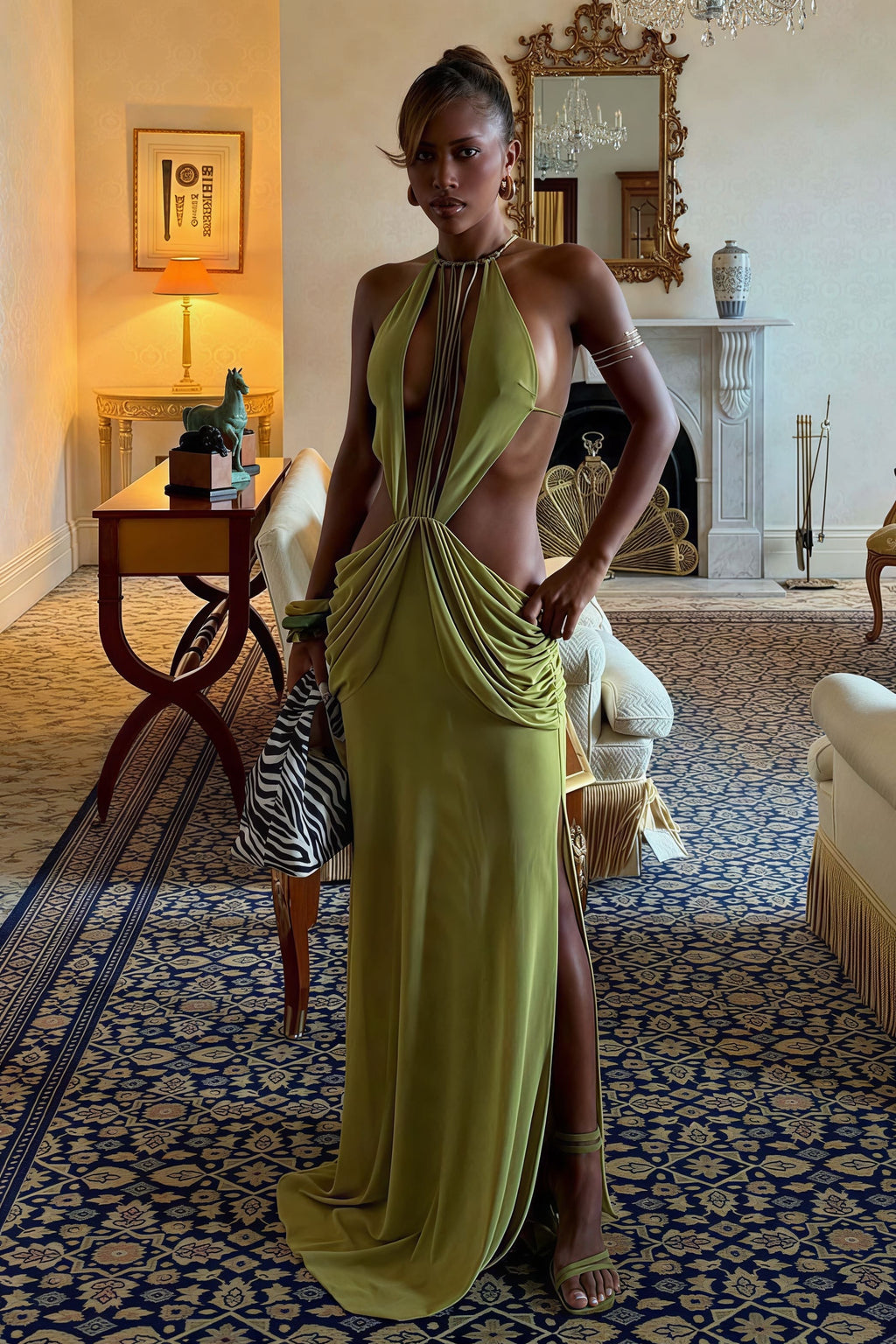Halter Cutout Beaded Ruffle Maxi Dress