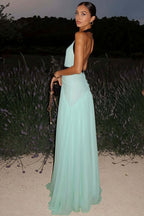 Sexy Deep V Halter Cutout Mesh Maxi Dress
