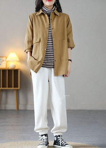 Abrigo de algodón amarillo con cuello Peter Pan y bolsillos extragrandes para primavera 