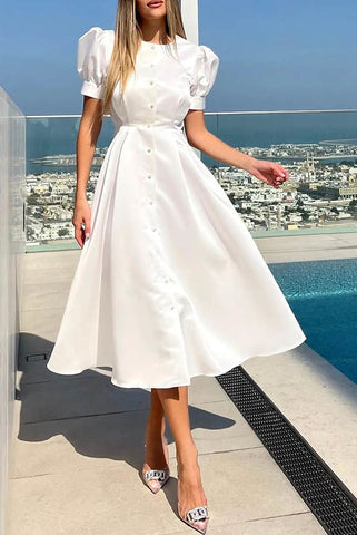 Vestido midi con abertura y botones de perla, mangas abullonadas, estilo chic y elegante 