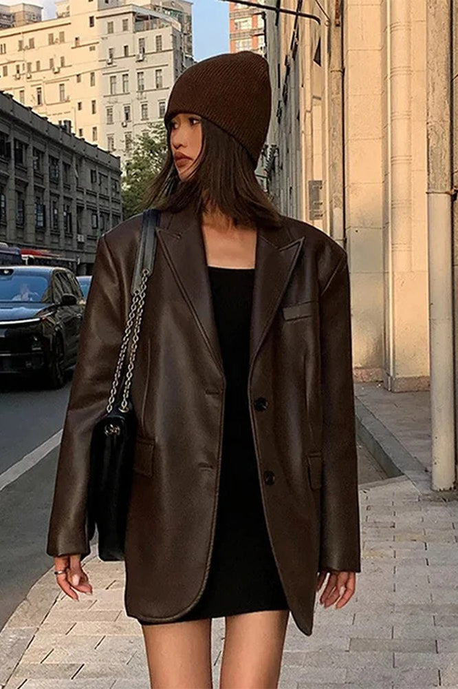 Black PU Leather Blazer Jacket
