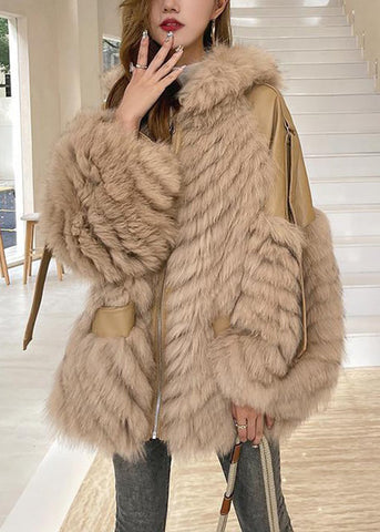 Französisch Khaki Kapuzentaschen Patchwork Leder und Pelz Mäntel Winter 