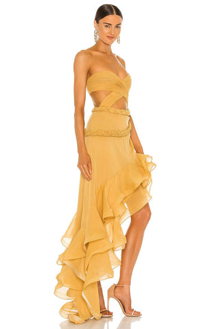 Vestido midi con abertura y bajo con volantes y cordones en amarillo 