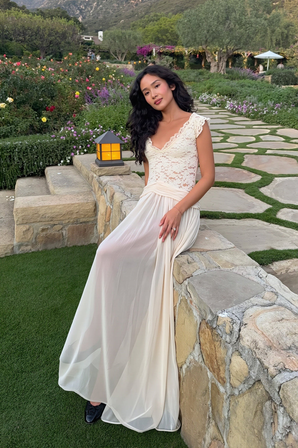 Sheer Lace V Neck Elegant Maxi Dress