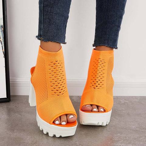 Mesh Peep Toe Platform Chunky High Heels Slingback Sandals
