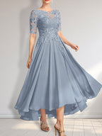 A-Linien-Kleid mit asymmetrischem Chiffon-Spitzenausschnitt und Pailletten für die Mutter der Braut 