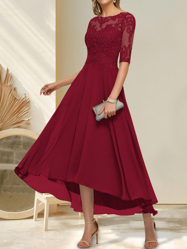 A-Linien-Kleid mit U-Boot-Ausschnitt, Illusion-Effekt, asymmetrischem Chiffon-Spitzenbesatz und Paillettenstickerei für die Mutter der Braut.