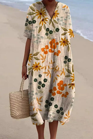 Meridress V Neck Short Sleeves Floral Print Loose Midi Vacation Dress
