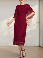 Etuikleid/Säulenkleid mit Rundhalsausschnitt, Teelänge, aus Spitze und Chiffon, ideal für die Mutter der Braut