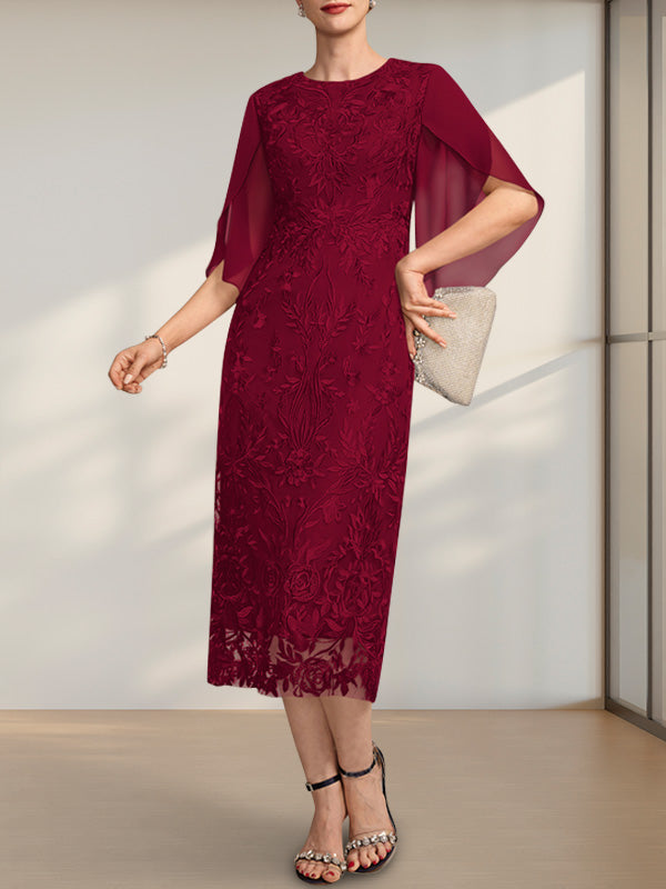 Vestido para madre de la novia de gasa con encaje, corte tubo, escote redondo y largo hasta la rodilla