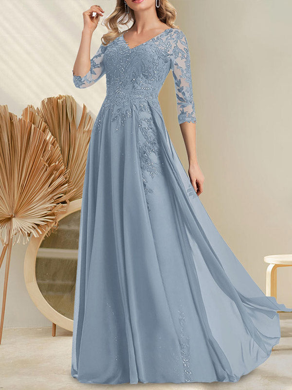 Vestido de gasa con encaje y lentejuelas para madre de la novia, corte A, escote en V y largo hasta el suelo