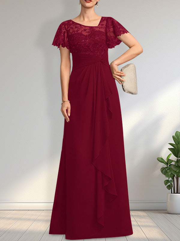 A-Linien-Kleid aus asymmetrischem Chiffon mit Illusion-Effekt, bodenlang, mit Kaskadenrüschen und Pailletten für die Mutter der Braut 