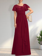 A-Linien-Kleid aus asymmetrischem Chiffon mit Illusion-Effekt, bodenlang, mit Kaskadenrüschen und Pailletten für die Mutter der Braut 